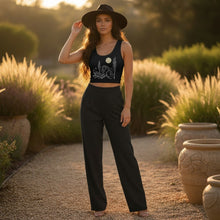 Load image into Gallery viewer, Melodia Gallery black cotton crop tank top with vintage art nouveau inspired graphic print and a form-fitting silhouette.