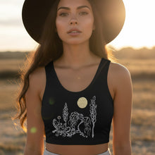Load image into Gallery viewer, Melodia Gallery black cotton crop tank top with a vintage art nouveau inspired silver floral and tree design under a gold moon.