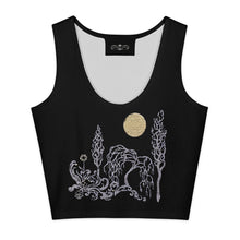 Load image into Gallery viewer, Melodia Gallery black cotton crop tank top with vintage art nouveau inspired silver floral and tree design, featuring a gold moon.