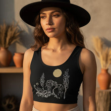 Load image into Gallery viewer, Melodia Gallery black cotton crop tank top with a vintage art nouveau inspired silver floral and tree design under a gold moon.