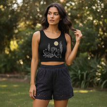 Load image into Gallery viewer, Melodia Gallery black cotton crop tank top with vintage art nouveau inspired silver tree and moon graphic. Form-fitting silhouette.