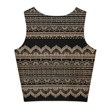 Load image into Gallery viewer, Melodia Gallery black cotton crop top with beige lace-inspired pattern and scalloped trim