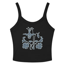 Load image into Gallery viewer, Melodia Gallery black 100% cotton micro-rib tank top with a light blue Art Nouveau columbine flower graphic.