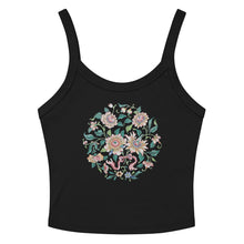 Load image into Gallery viewer, Melodia Gallery black 100% cotton micro-rib tank top with a circular floral graphic design.