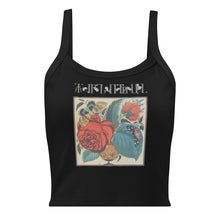Load image into Gallery viewer, Melodia Gallery black 100% cotton micro-rib tank top with vintage floral and butterfly graphic print.