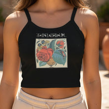 Load image into Gallery viewer, Melodia Gallery black 100% cotton micro-rib tank top with vintage floral and butterfly graphic print.