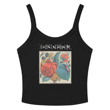 Load image into Gallery viewer, Melodia Gallery black 100% cotton micro-rib tank top with vintage floral and butterfly graphic print.