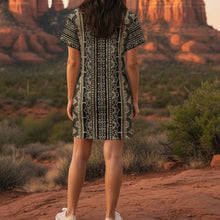 Load image into Gallery viewer, Melodia Gallery black and gold lace-inspired cotton t-shirt dress with short sleeves.
