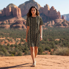 Load image into Gallery viewer, Melodia Gallery black and gold lace-inspired cotton t-shirt dress with ethnic boho print.