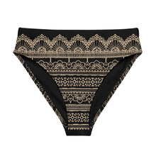 Load image into Gallery viewer, Melodia Gallery black high-waisted bikini bottom with intricate tan lace-inspired graphic pattern. Recycled material.