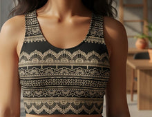 Load image into Gallery viewer, Melodia Gallery black cotton crop top with intricate beige lace-inspired print and scoop neckline.