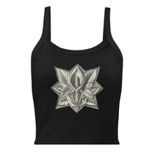 Load image into Gallery viewer, Melodia Gallery black 100% cotton micro-rib tank top with vintage art nouveau peace lily graphic.