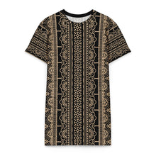 Load image into Gallery viewer, Melodia Gallery black and tan cotton t-shirt dress with intricate lace-inspired ethnic print.