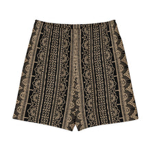 Load image into Gallery viewer, Melodia Gallery black and tan lace-inspired graphic unisex cotton elastane long shorts