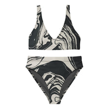 Load image into Gallery viewer, Melodia Gallery black and white recycled polyester high-waisted bikini set with removable pads and zig-zag stitching.