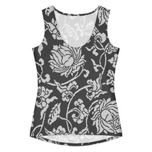 Load image into Gallery viewer, Melodia Gallery black and white floral print 100% cotton tank top with Art Nouveau lotus and vine design.