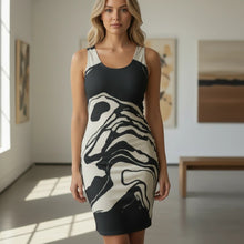 Load image into Gallery viewer, Melodia Gallery black and white marble wash cotton bodycon tank dress with scoop neckline.
