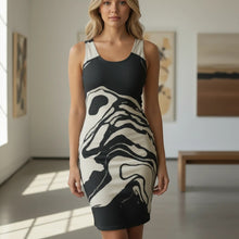 Load image into Gallery viewer, Melodia Gallery black and white marble wash cotton bodycon tank dress with scoop neckline.