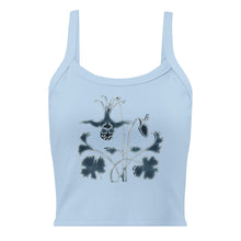 Load image into Gallery viewer, Melodia Gallery light blue 100% cotton micro-rib tank top with a dark blue columbine floral graphic.