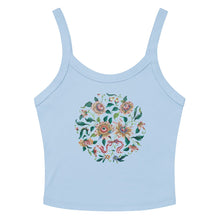 Load image into Gallery viewer, Melodia Gallery light blue 100% cotton micro-rib tank top with a vintage floral print and ribbon detail.