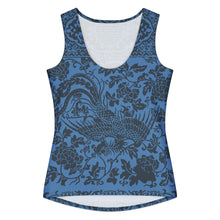 Load image into Gallery viewer, Melodia Gallery women's blue 100% cotton tank top with vintage phoenix and floral print.
