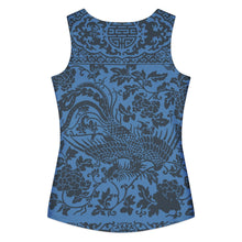 Load image into Gallery viewer, Melodia Gallery women's blue 100% cotton tank top with vintage phoenix and floral design.