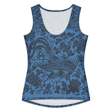 Load image into Gallery viewer, Melodia Gallery women's blue 100% cotton tank top with vintage phoenix and floral design.