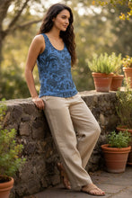 Load image into Gallery viewer, Melodia Gallery blue 100% cotton tank top with vintage phoenix and floral design. Boho style.
