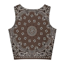 Load image into Gallery viewer, Melodia Gallery brown bandana print cotton-elastane blend crop top with a form-fitting silhouette.