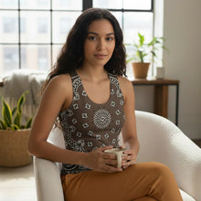 Load image into Gallery viewer, Melodia Gallery brown cotton-elastane blend women's tank top with white bandana print, form-fitting silhouette.
