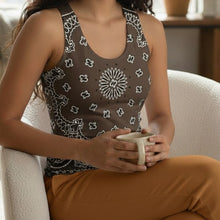 Load image into Gallery viewer, Melodia Gallery brown cotton-elastane blend women's tank top with white bandana print, form-fitting silhouette.