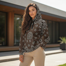 Load image into Gallery viewer, Melodia Gallery brown cotton unisex hoodie with all-over white paisley print, drawstring hood, and front pocket.