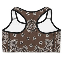 Load image into Gallery viewer, Melodia Gallery brown paisley print sports bra with black trim and racerback design. Breathable fabric for medium-impact support.