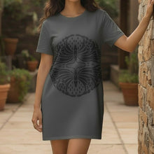 Load image into Gallery viewer, Melodia Gallery charcoal grey 100% cotton t-shirt dress with a black Art Nouveau butterfly graphic.