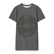 Load image into Gallery viewer, Melodia Gallery charcoal grey cotton t-shirt dress with a circular butterfly art nouveau print.