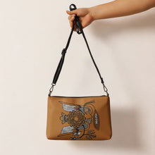 Load image into Gallery viewer, Melodia Gallery cognac faux leather crossbody bag with vintage Ukrainian folk art bird and floral design. Adjustable strap.
