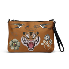 Load image into Gallery viewer, Melodia Gallery cognac faux leather crossbody bag with tiger, swallows, and floral Minhwa art design.