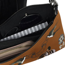 Load image into Gallery viewer, Melodia Gallery cognac faux leather crossbody bag with vintage Minhwa tiger, swallows, and floral art. Inside shows organization pockets.