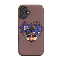 Load image into Gallery viewer, Melodia Gallery Colorado columbine flower and flag heart design MagSafe tough iPhone case. Purple flowers, heart outline.