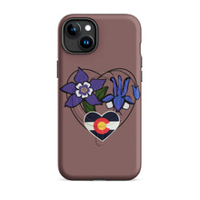 Load image into Gallery viewer, Melodia Gallery Colorado columbine flower and flag heart design MagSafe tough iPhone case. Matte finish.