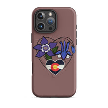 Load image into Gallery viewer, Melodia Gallery Colorado columbine flower and flag heart design MagSafe tough iPhone case. Matte finish.