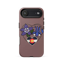 Load image into Gallery viewer, Melodia Gallery Colorado iPhone case with purple columbine flowers and state flag heart design. MagSafe tough case.