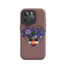 Load image into Gallery viewer, Melodia Gallery Colorado Love iPhone case with purple columbine flowers and Colorado flag inside a heart.
