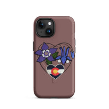 Load image into Gallery viewer, Melodia Gallery Colorado Love iPhone case with purple columbine flowers and Colorado flag heart design.