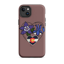 Load image into Gallery viewer, Melodia Gallery Colorado Love iPhone case with purple columbine flowers and Colorado flag inside a heart outline.