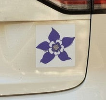 Load image into Gallery viewer, Melodia Gallery purple Columbine Colorado state flower car magnet, Art Nouveau design, weather-resistant, made in USA.