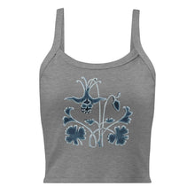 Load image into Gallery viewer, Melodia Gallery grey 100% cotton micro-rib tank top with a blue Art Nouveau columbine floral graphic.