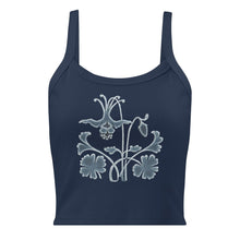 Load image into Gallery viewer, Melodia Gallery navy blue 100% cotton micro-rib tank top with a white columbine flower graphic.