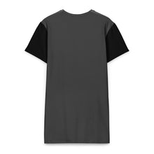 Load image into Gallery viewer, Melodia Gallery dark grey cotton t-shirt dress back with black short sleeves and a vintage inspired art nouveau iris print.