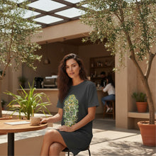 Load image into Gallery viewer, Melodia Gallery dark grey 100% cotton t-shirt dress with a vintage floral art nouveau print in green and yellow.
